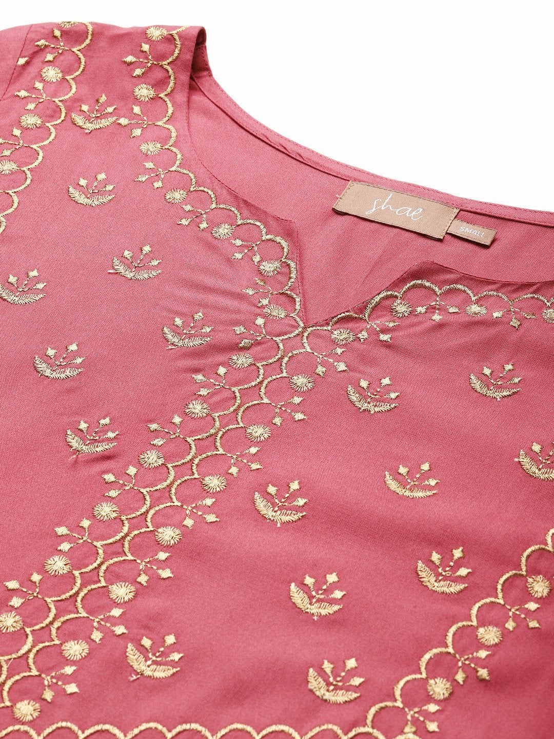 Women's Pink V-Slit Embroidery Straight Kurta - SHAE