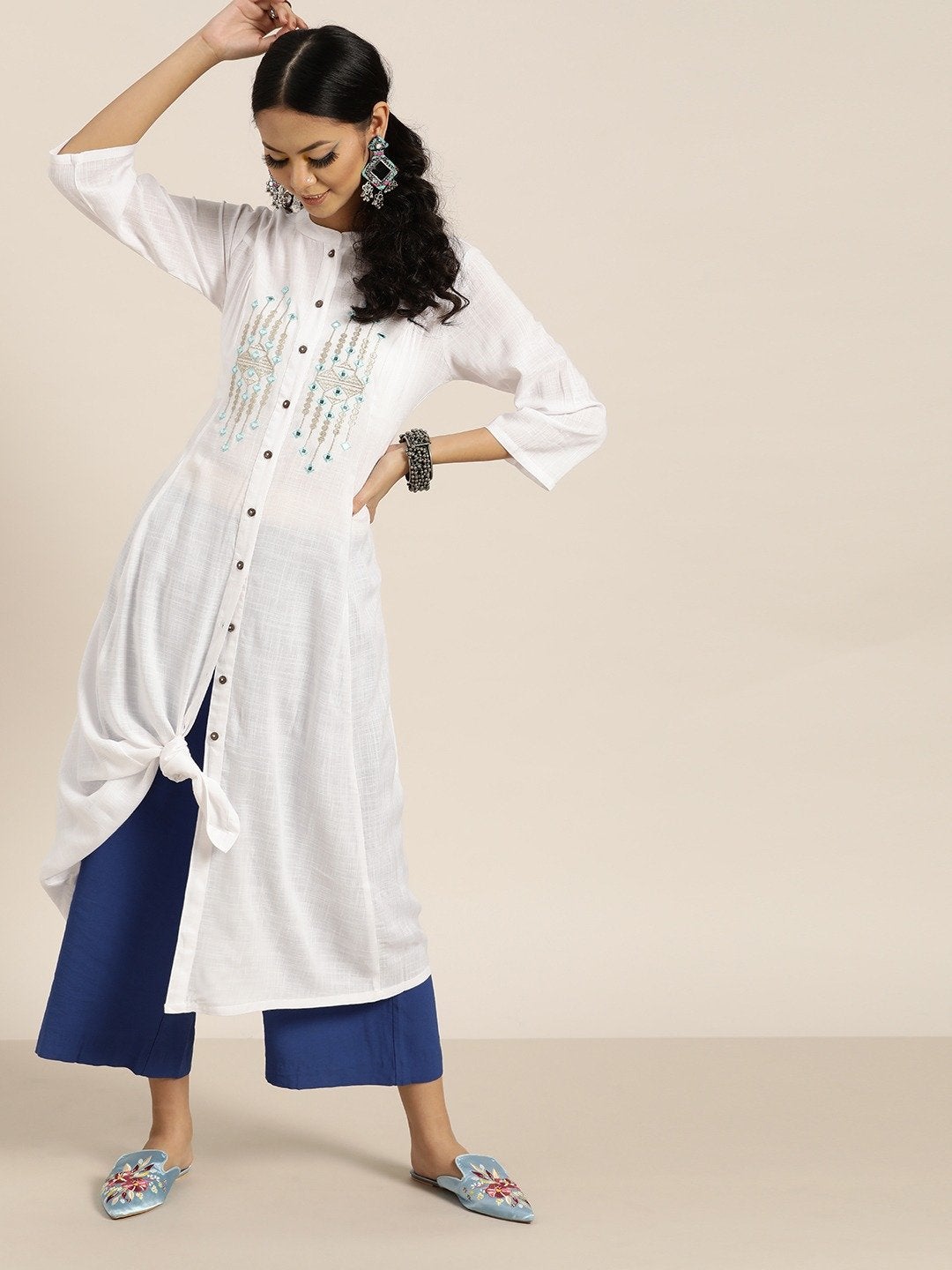 Women's White Front Embroidery A-Line Kurta - SHAE
