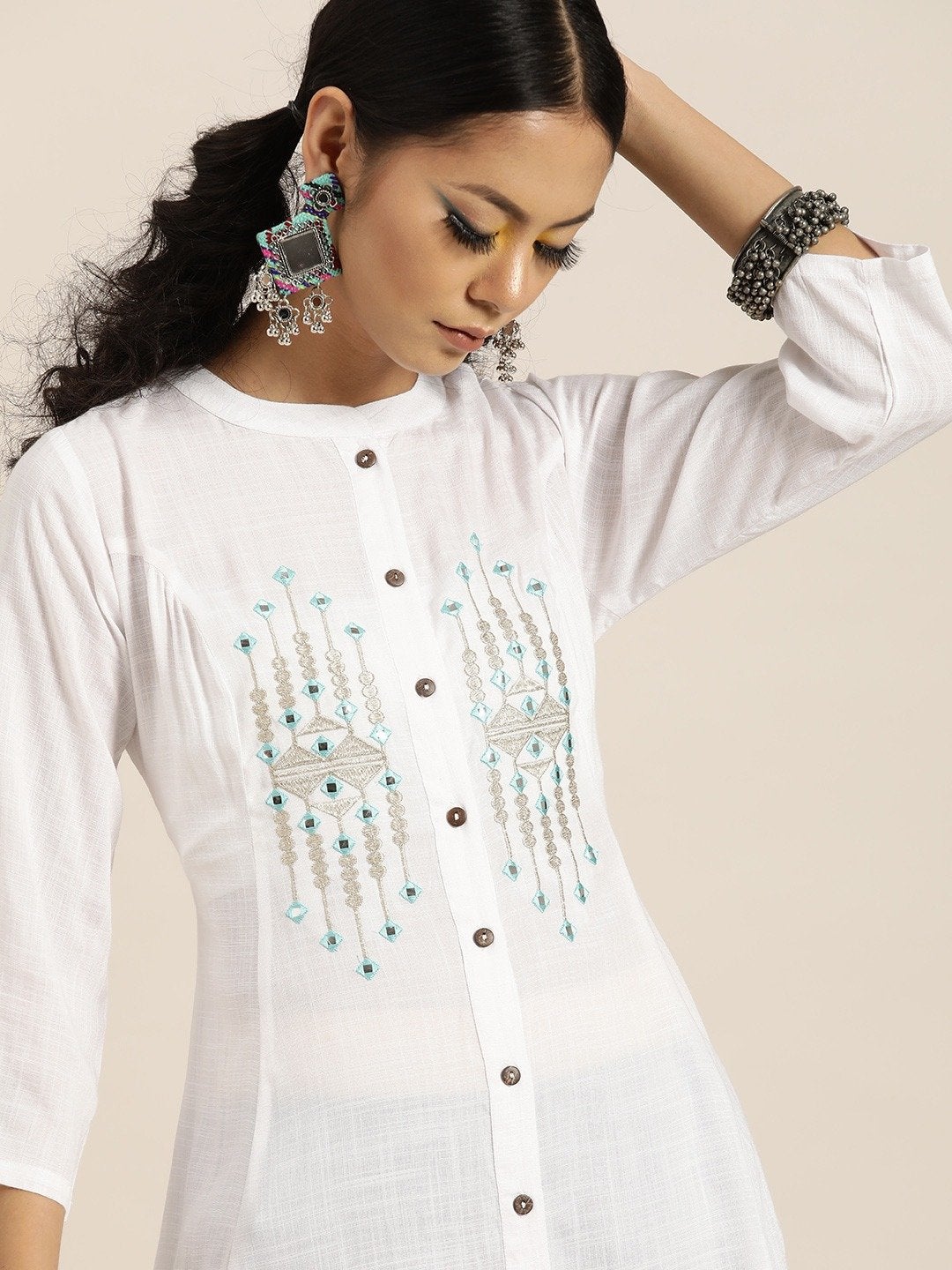 Women's White Front Embroidery A-Line Kurta - SHAE