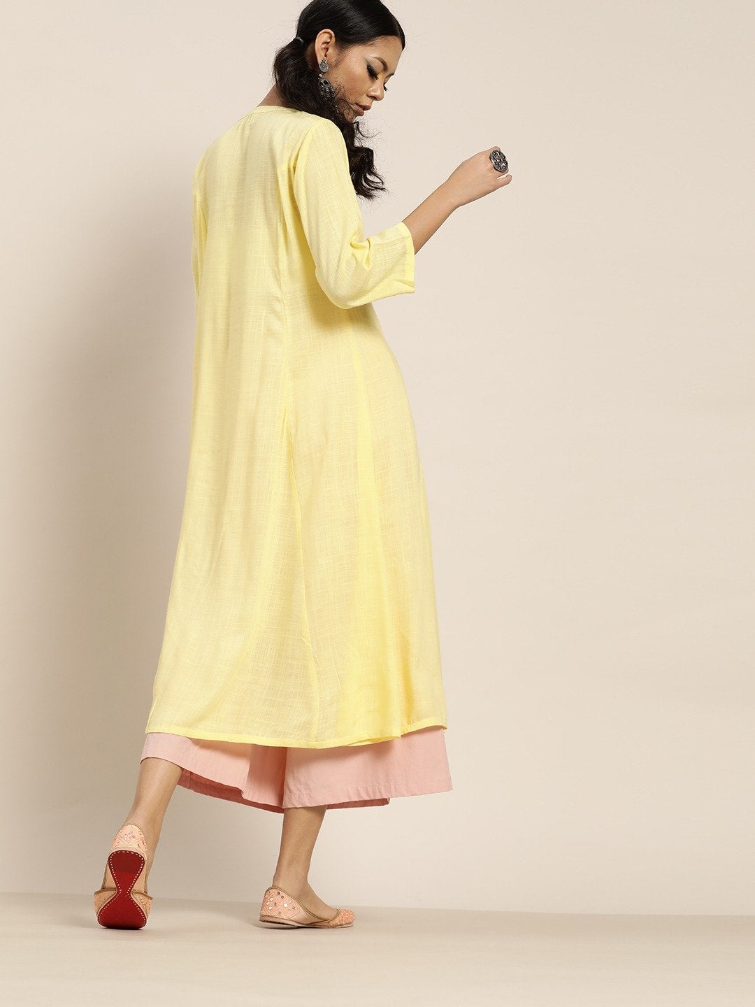 Women's Yellow Front Embroidery A-Line Kurta - SHAE