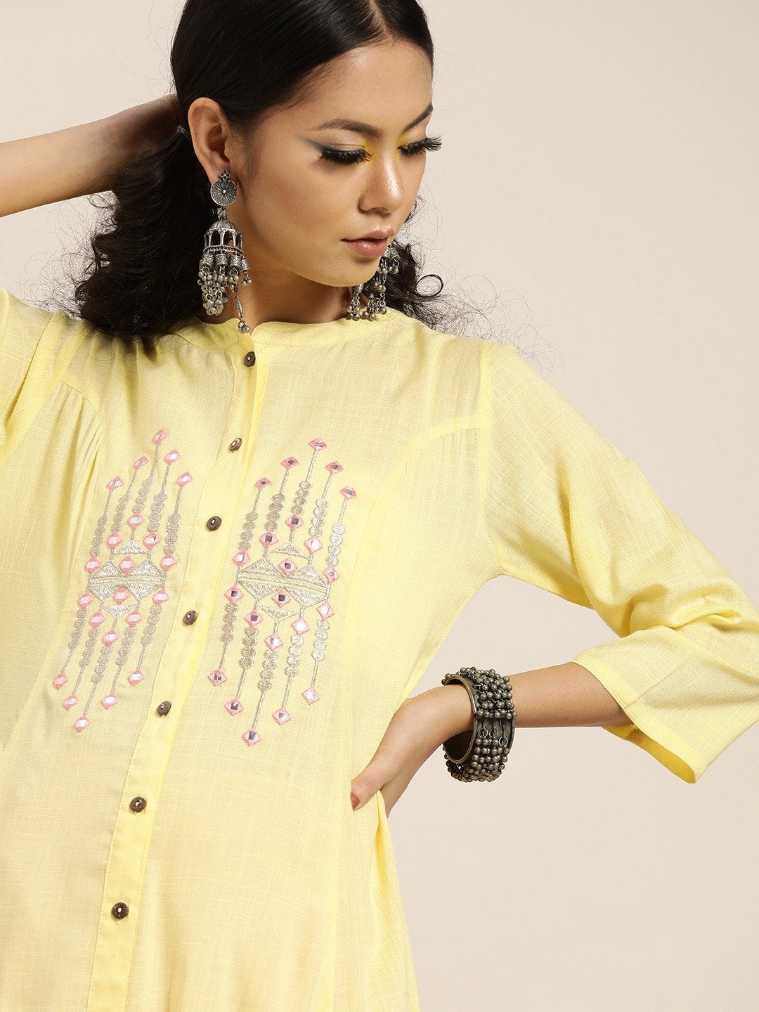 Women's Yellow Front Embroidery A-Line Kurta - SHAE