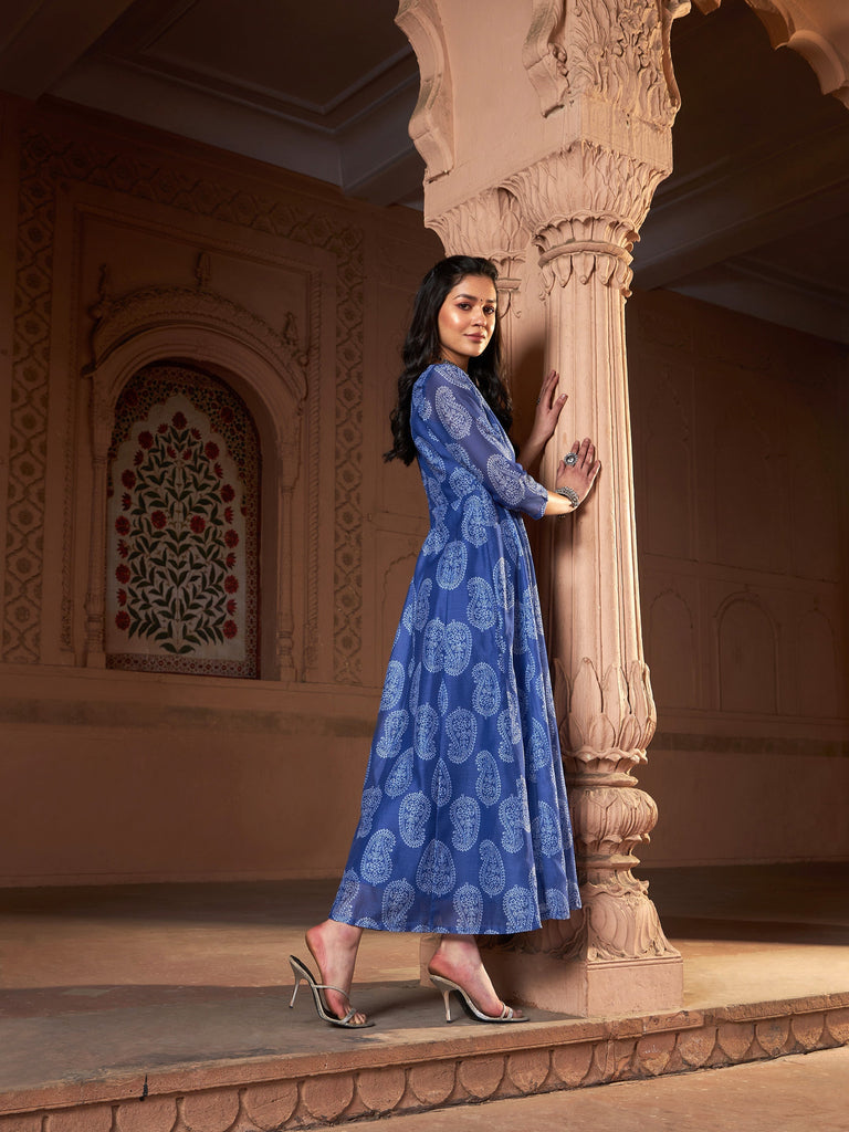 Women's Blue Chanderi Paisley Long Anarkali Kurta
