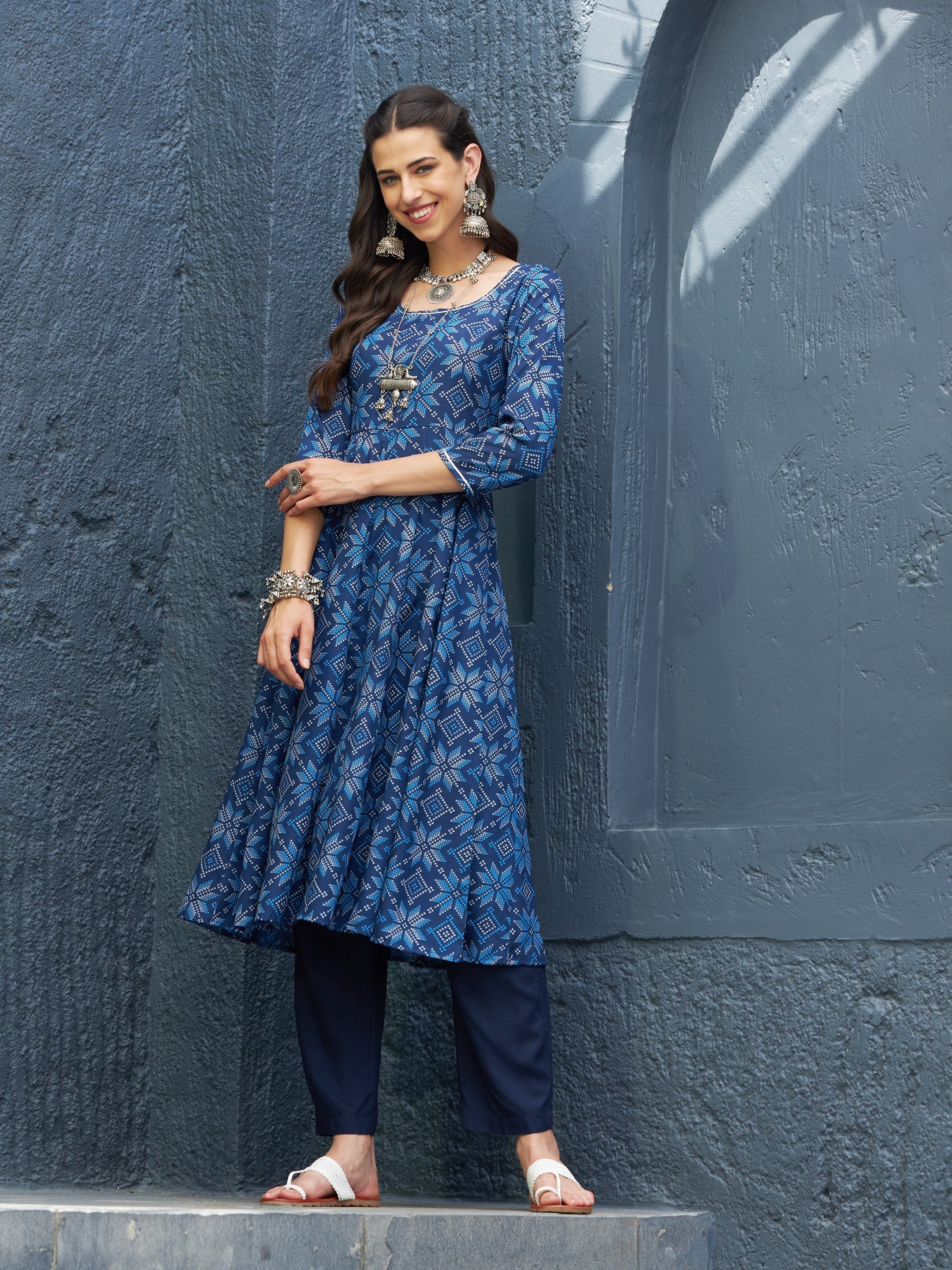 Women's Blue Floral Anarkali Kurta - Lyush