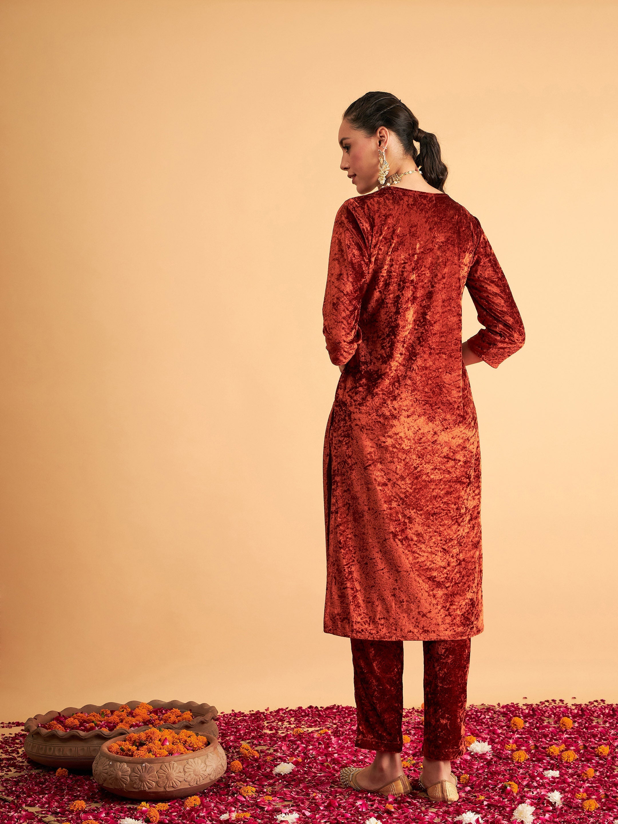 Women's Rust Velvet Embroidered Straight Kurta - Lyush