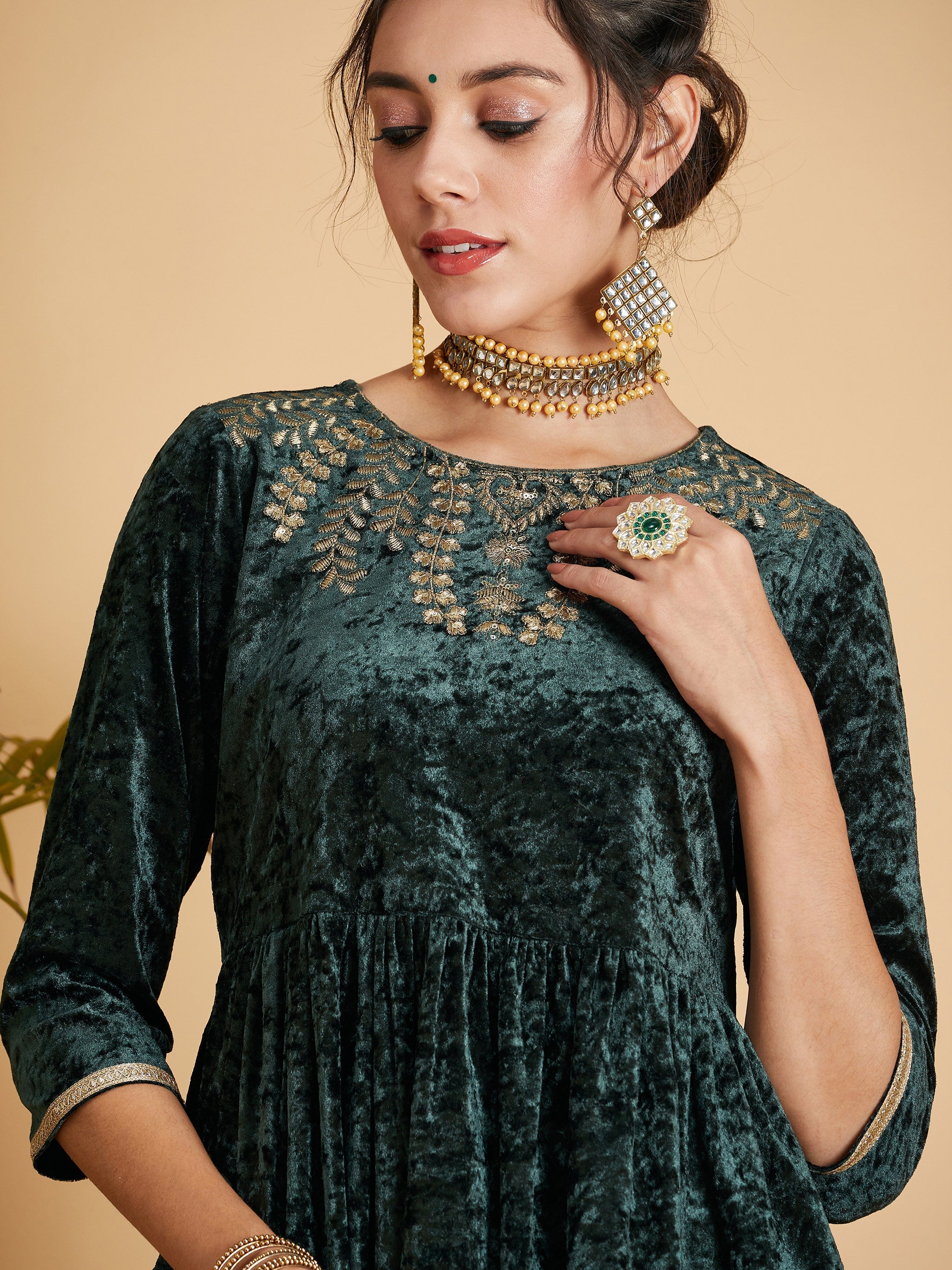 Women's Emerald Neck Embroidered Velvet Gathered Kurta - Lyush