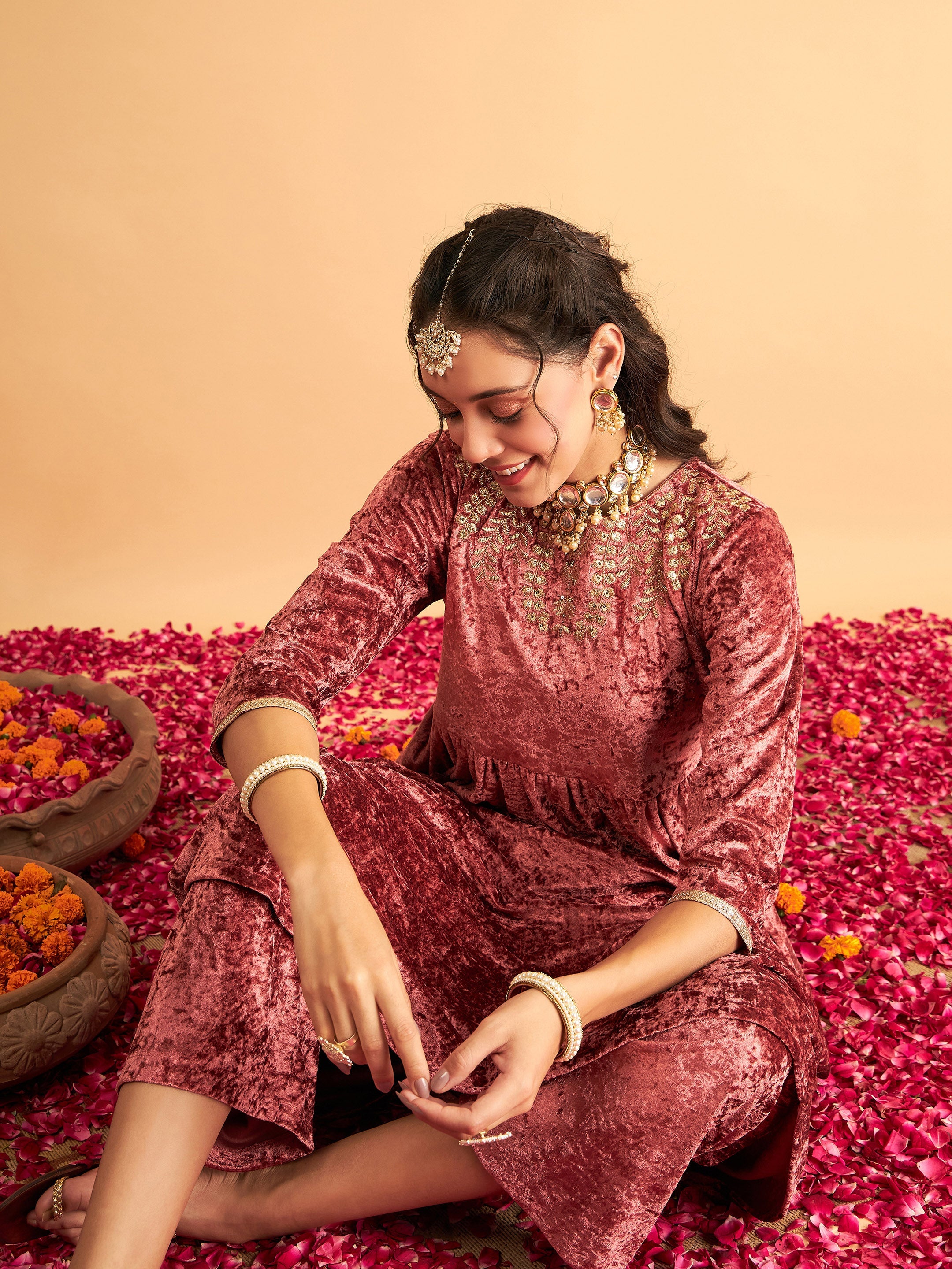 Women's Pink Neck Embroidered Velvet Gathered Kurta - Lyush