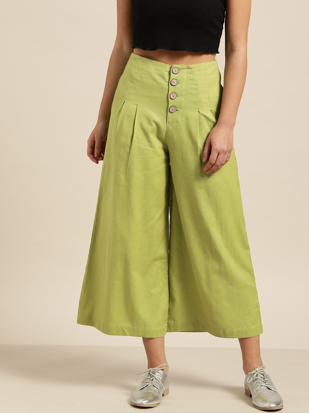 Women's Green Waist Button Culottes - SASSAFRAS