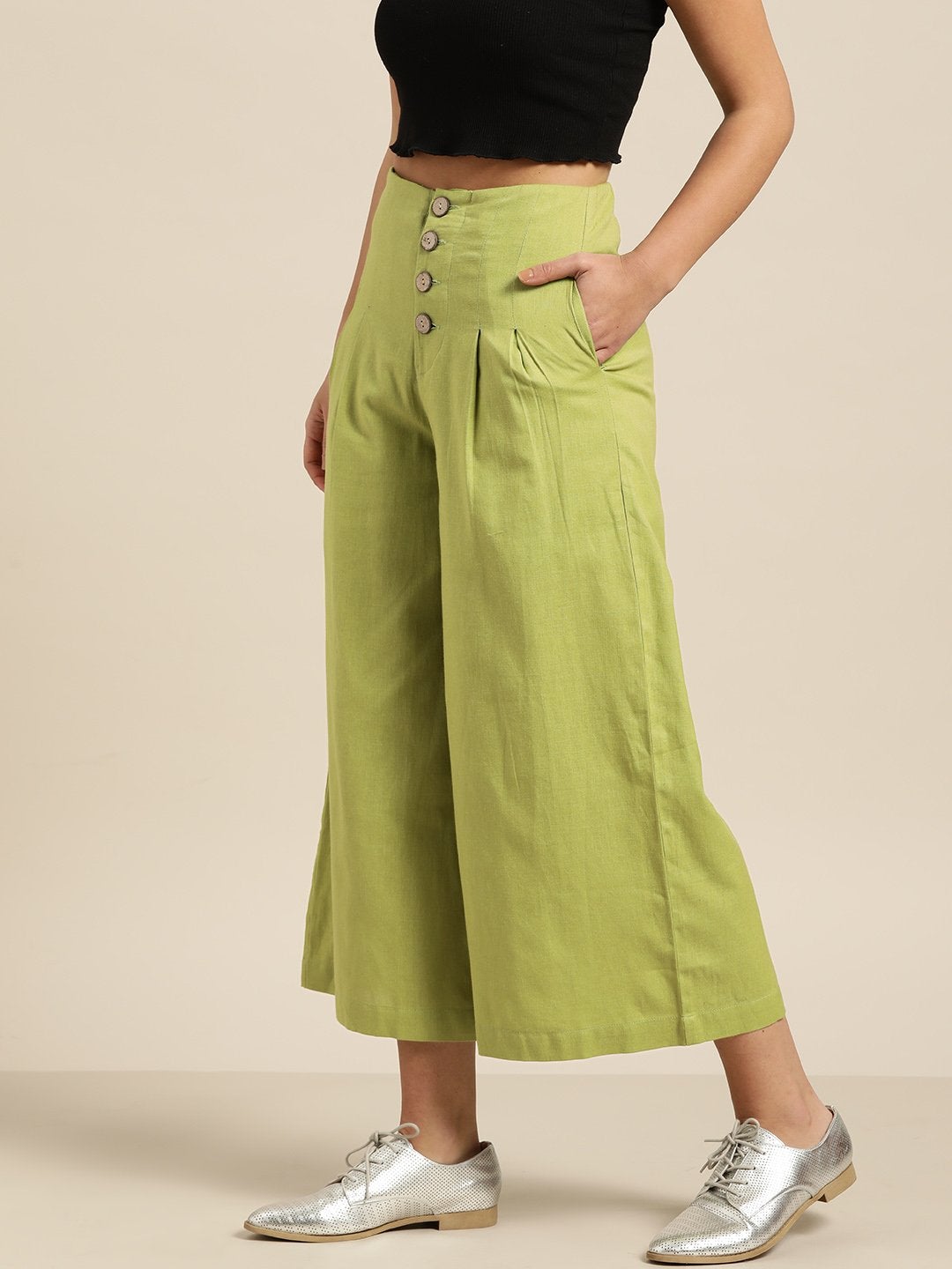 Women's Green Waist Button Culottes - SASSAFRAS