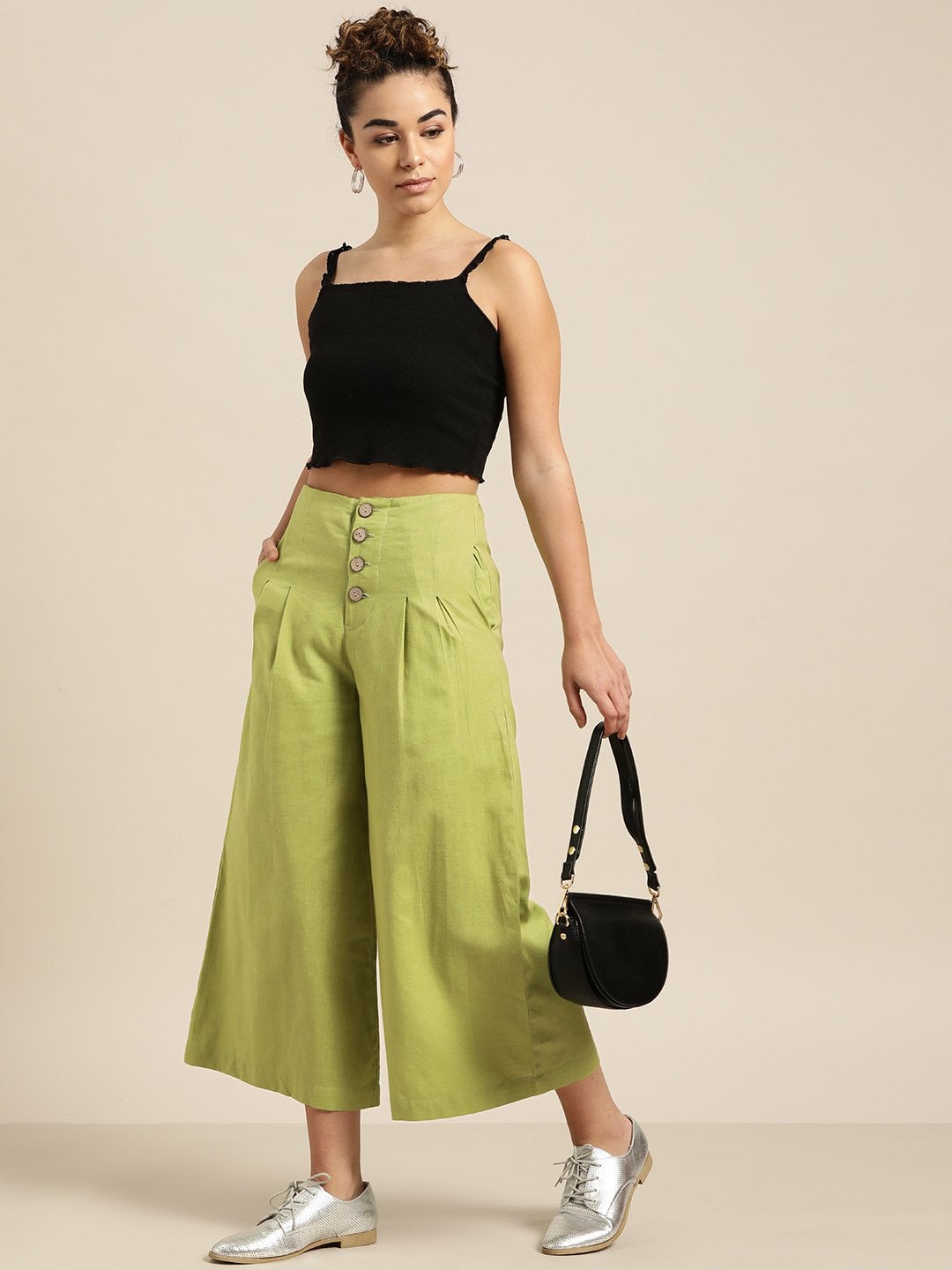 Women's Green Waist Button Culottes - SASSAFRAS