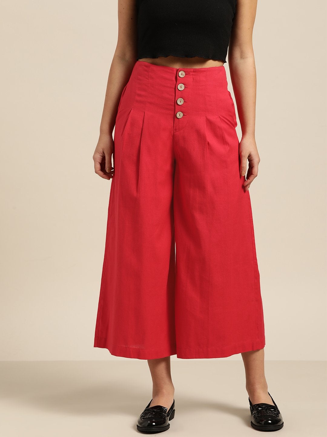 Women's Red Waist Button Culottes - SASSAFRAS