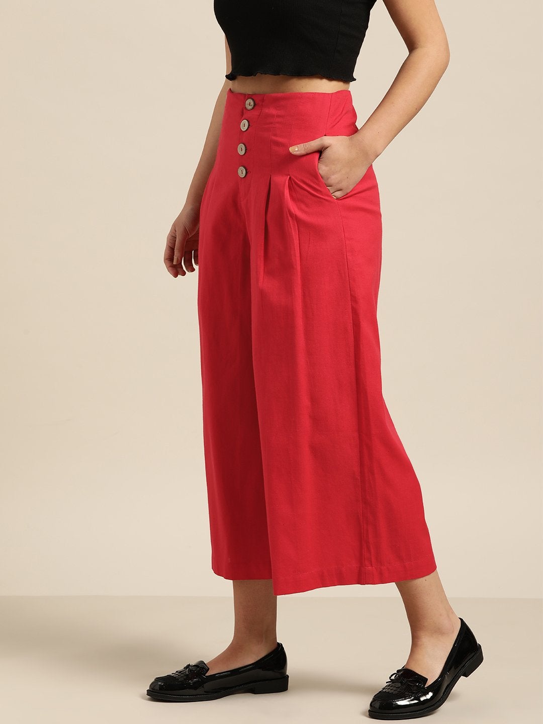 Women's Red Waist Button Culottes - SASSAFRAS