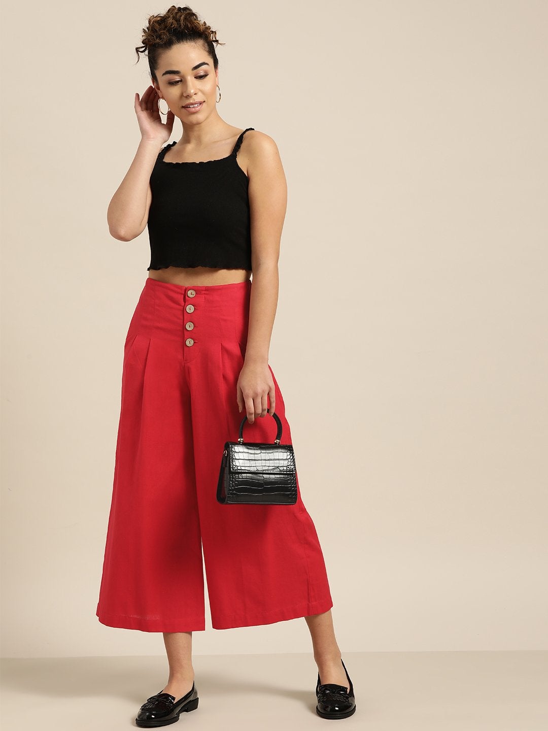 Women's Red Waist Button Culottes - SASSAFRAS