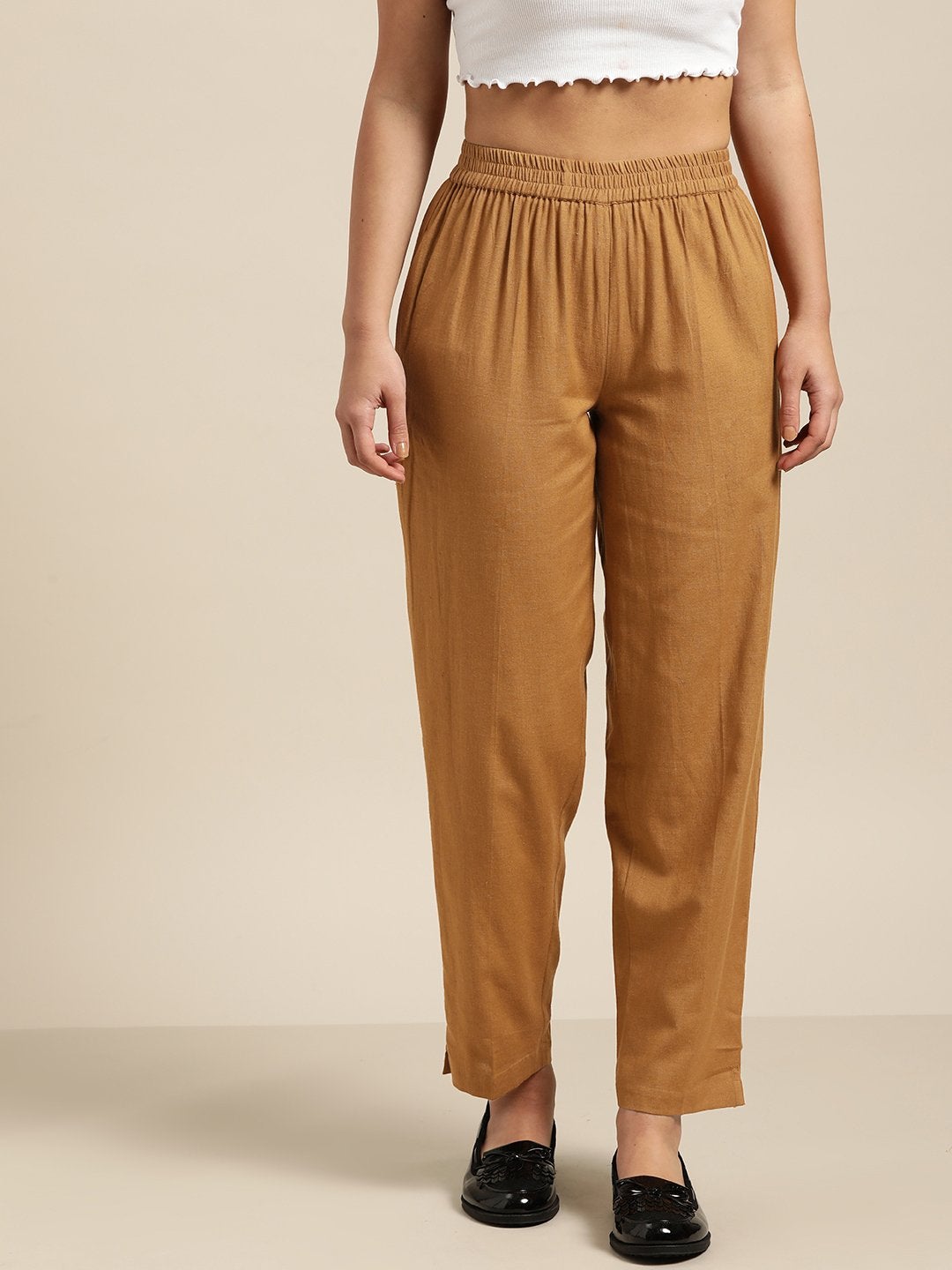 Women's Brown Tapered Pants With Inlay Pockets - SASSAFRAS