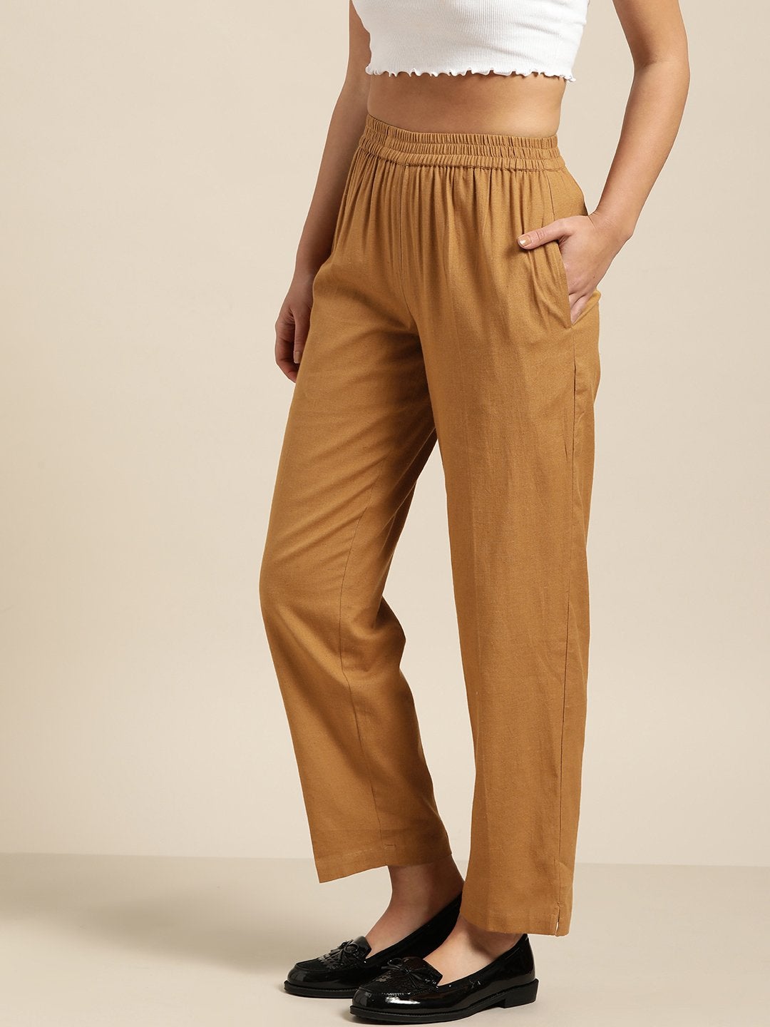 Women's Brown Tapered Pants With Inlay Pockets - SASSAFRAS