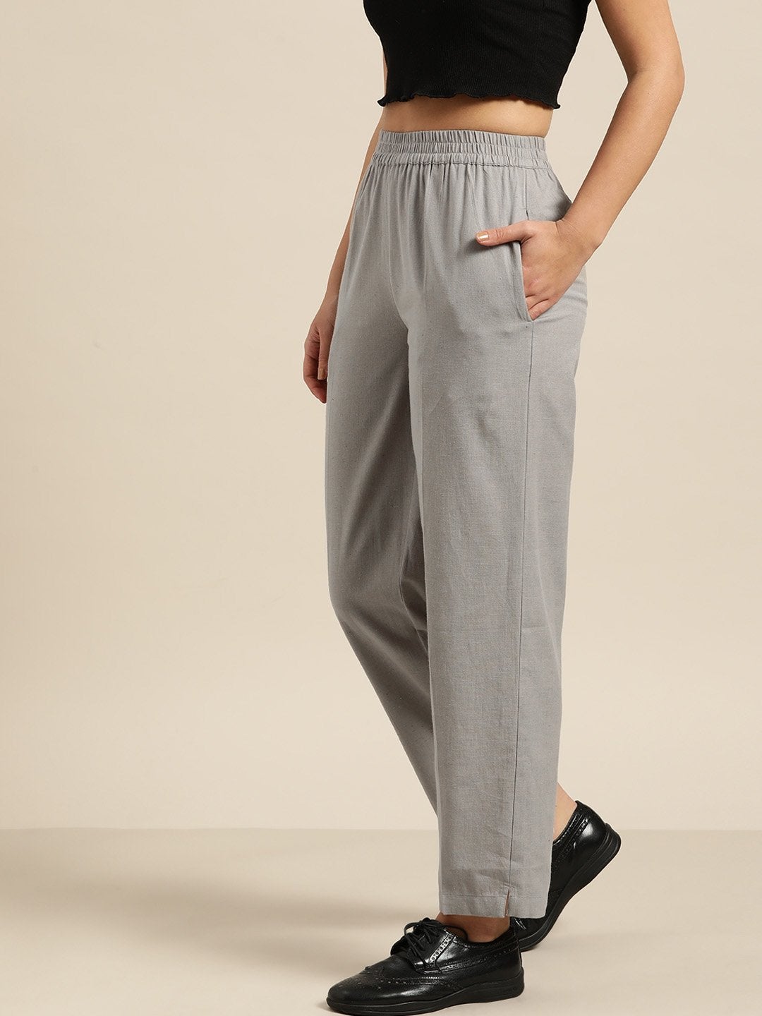 Women's Grey Tapered Pants With Inlay Pockets - SASSAFRAS