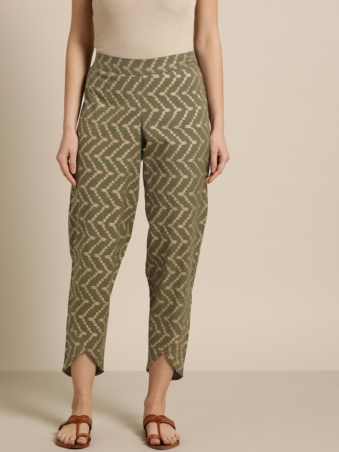 Women's Olive Chevron Foil Tulip Pants - SASSAFRAS