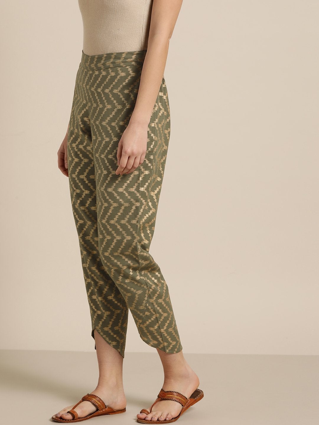 Women's Olive Chevron Foil Tulip Pants - SASSAFRAS