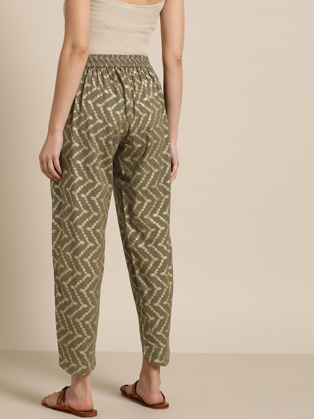 Women's Olive Chevron Foil Tulip Pants - SASSAFRAS