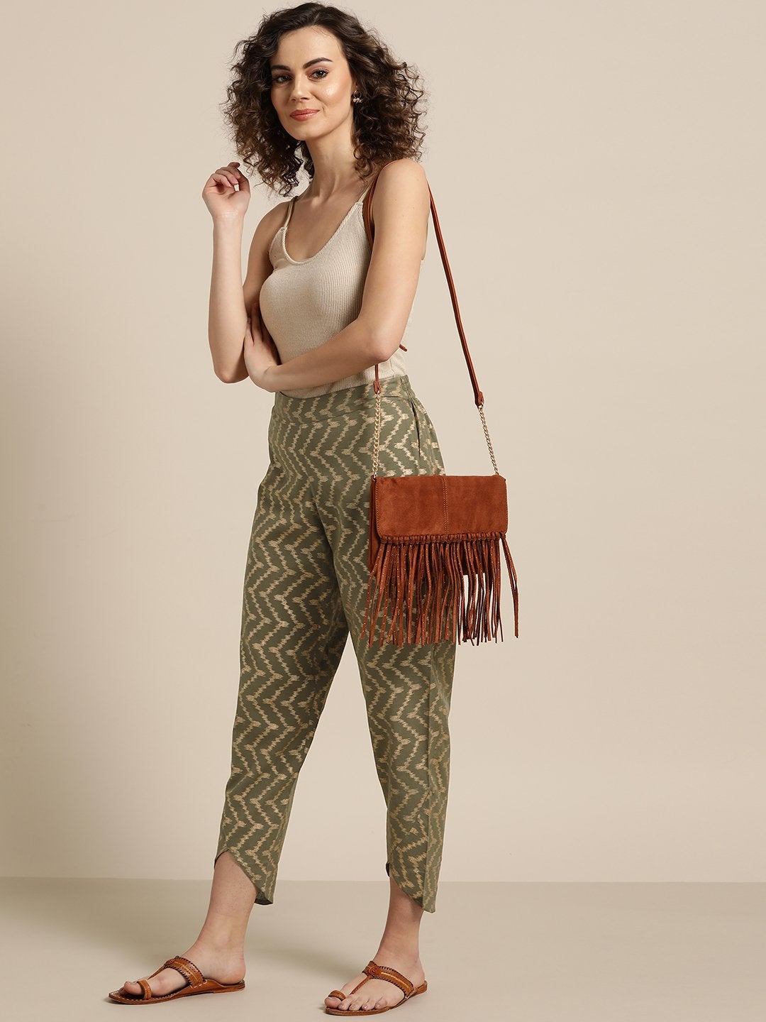 Women's Olive Chevron Foil Tulip Pants - SASSAFRAS