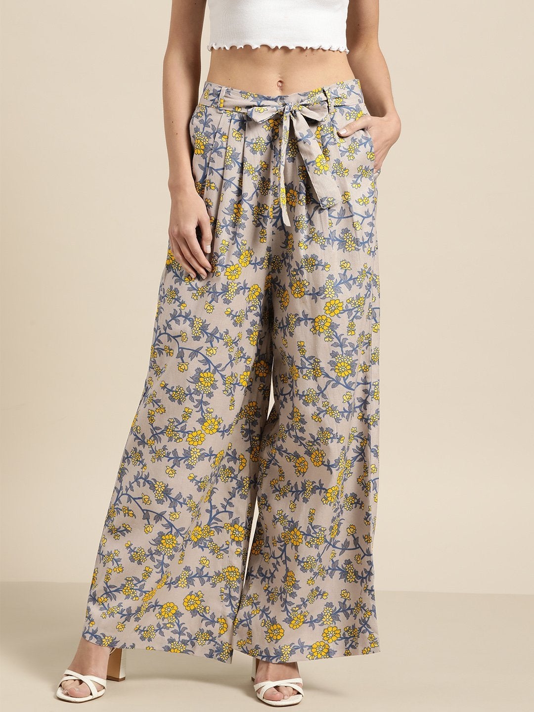 Women's Grey Floral Pleated Palazzo - SASSAFRAS