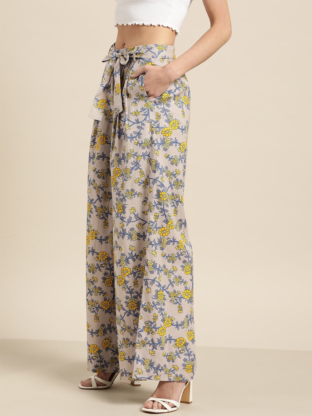 Women's Grey Floral Pleated Palazzo - SASSAFRAS