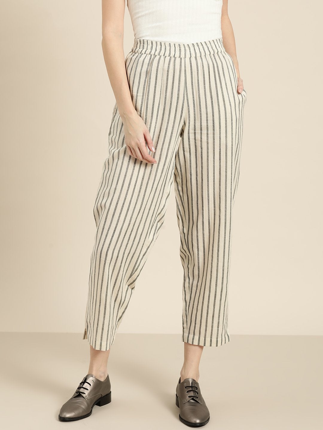 Women's Grey Striped Pants - SASSAFRAS