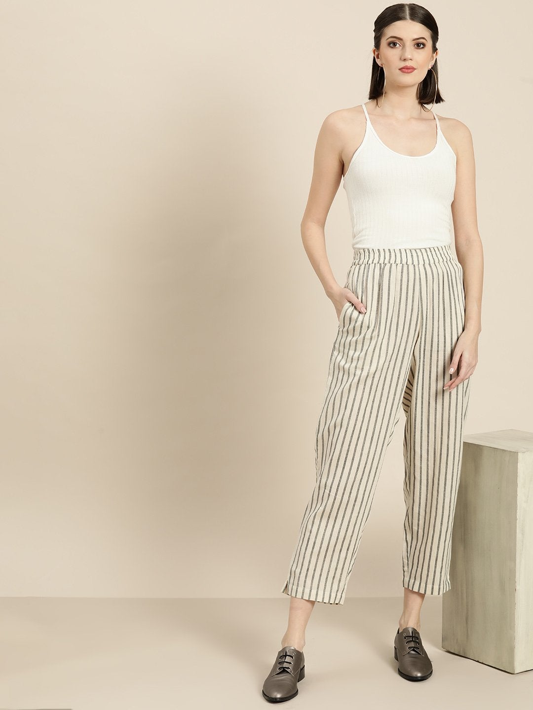 Women's Grey Striped Pants - SASSAFRAS