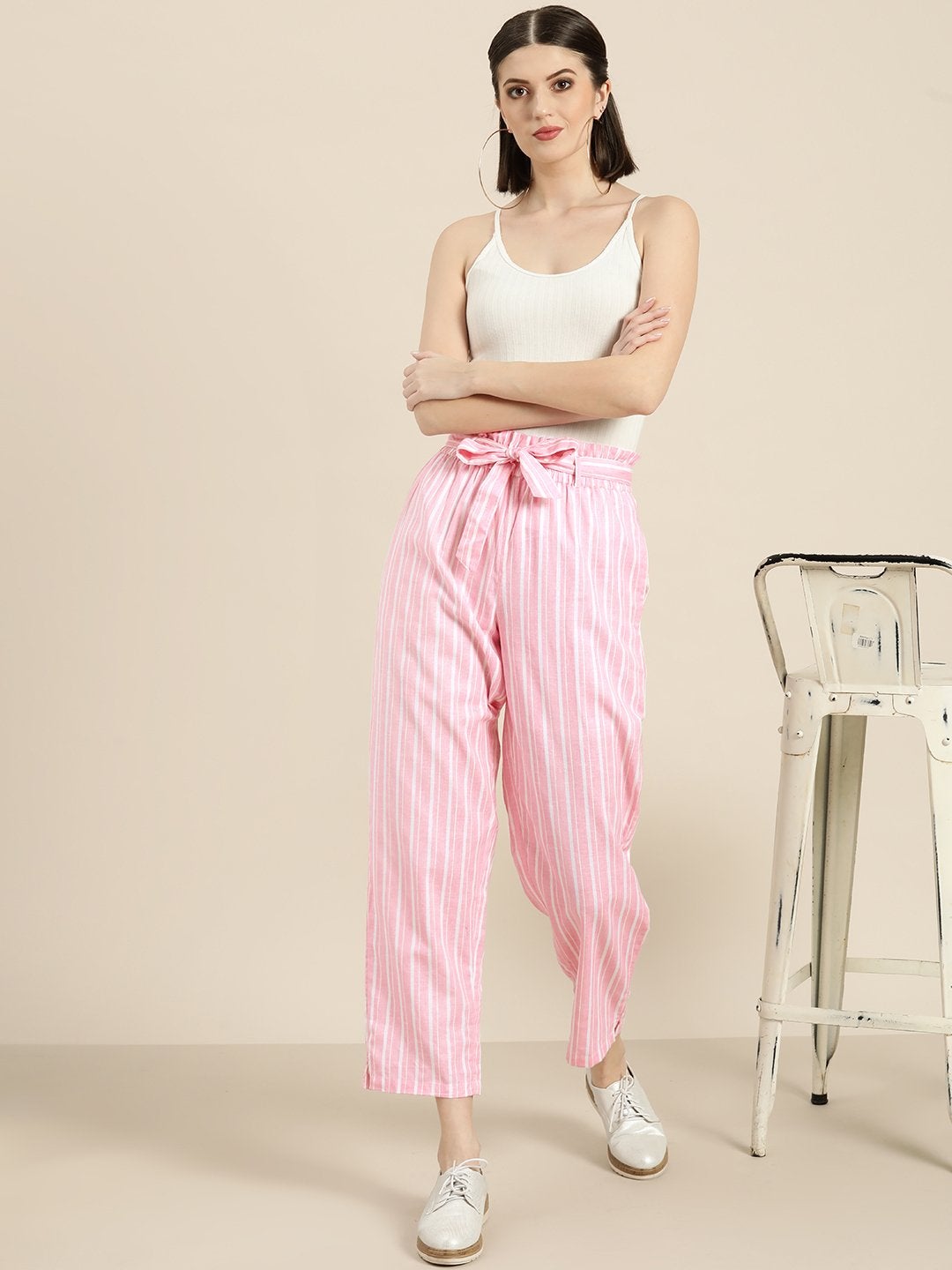 Women's Pink Stripes Paper Bag Pants - SASSAFRAS