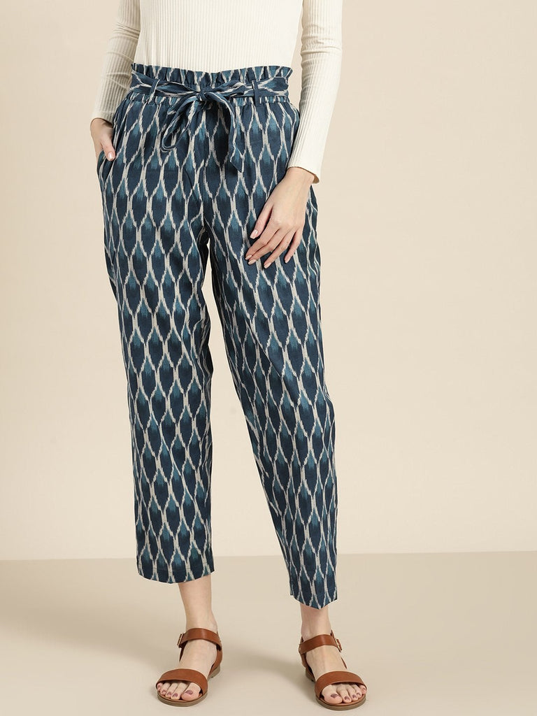 Women's Navy Ikat Paper Bag Pants
