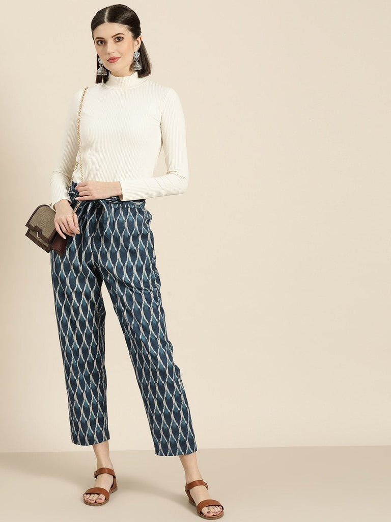 Women's Navy Ikat Paper Bag Pants