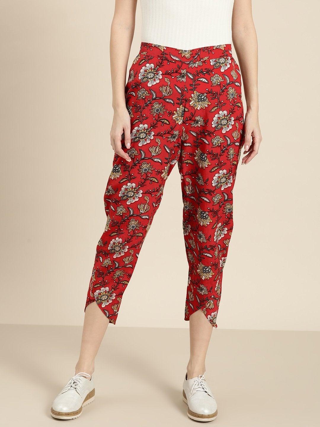 Women's Red Floral Tulip Pants - SASSAFRAS