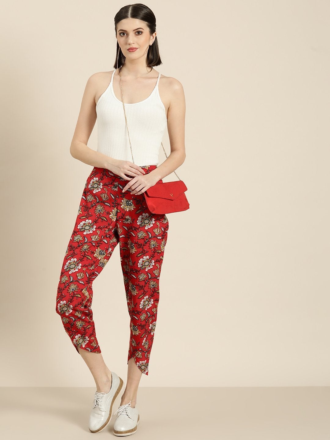 Women's Red Floral Tulip Pants - SASSAFRAS