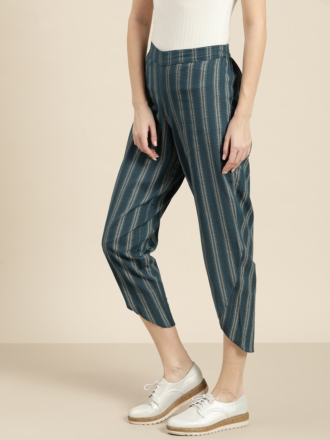 Women's Teal Striped Tulip Pants - SASSAFRAS