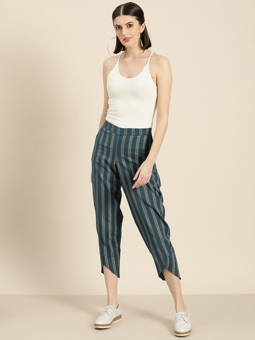 Women's Teal Striped Tulip Pants - SASSAFRAS