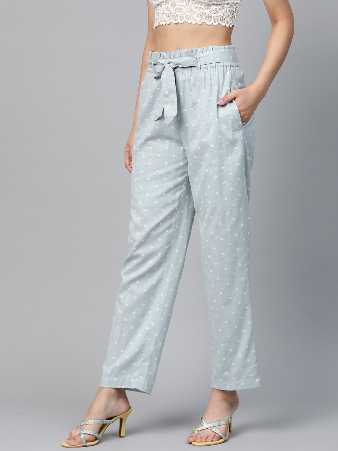 Women's Blue Heart Print Tapered Belted Pants - SASSAFRAS