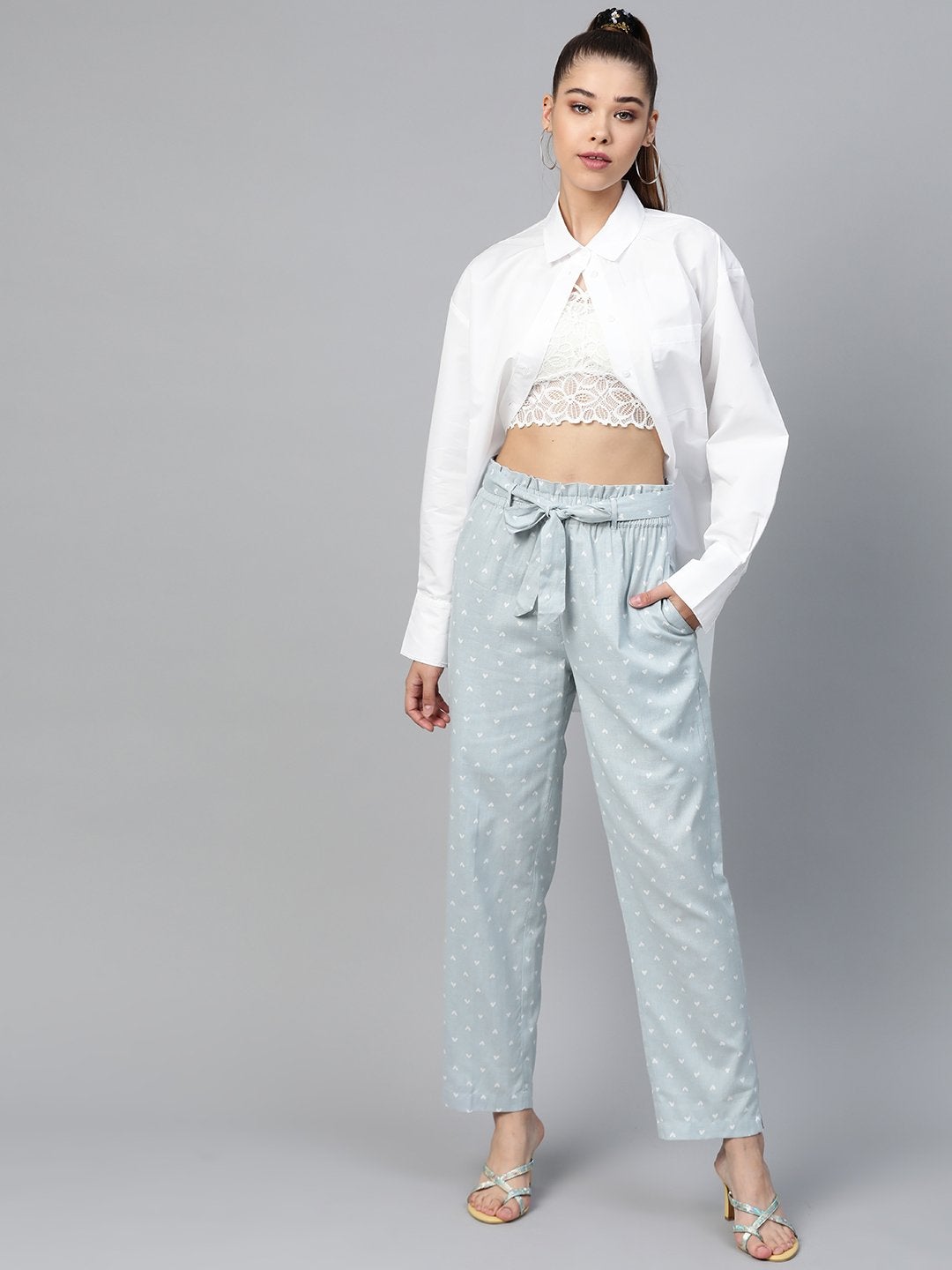 Women's Blue Heart Print Tapered Belted Pants - SASSAFRAS