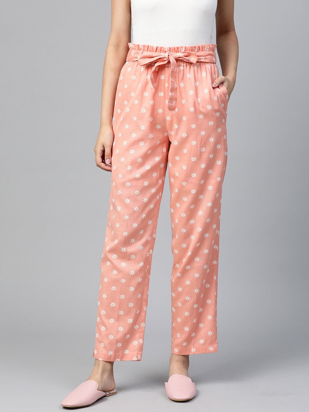 Women's Peach Floral Tapered Belted Pants - SASSAFRAS