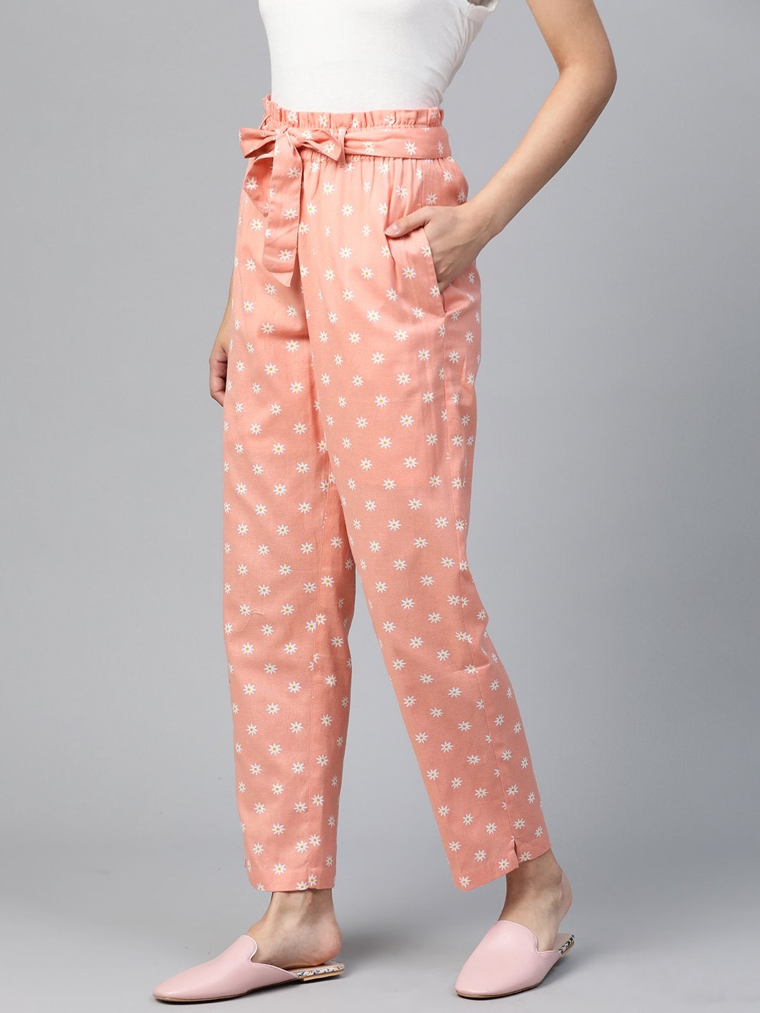 Women's Peach Floral Tapered Belted Pants - SASSAFRAS