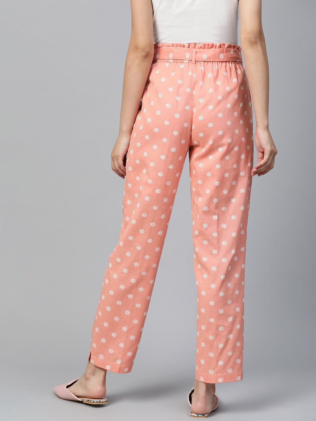 Women's Peach Floral Tapered Belted Pants - SASSAFRAS