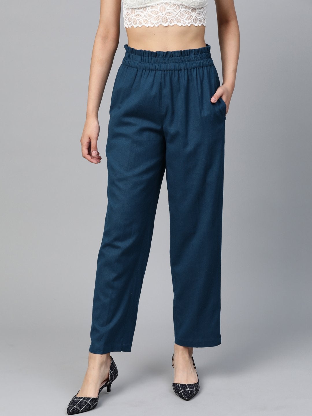 Women's Navy Paperbag Tapered Pants - SASSAFRAS