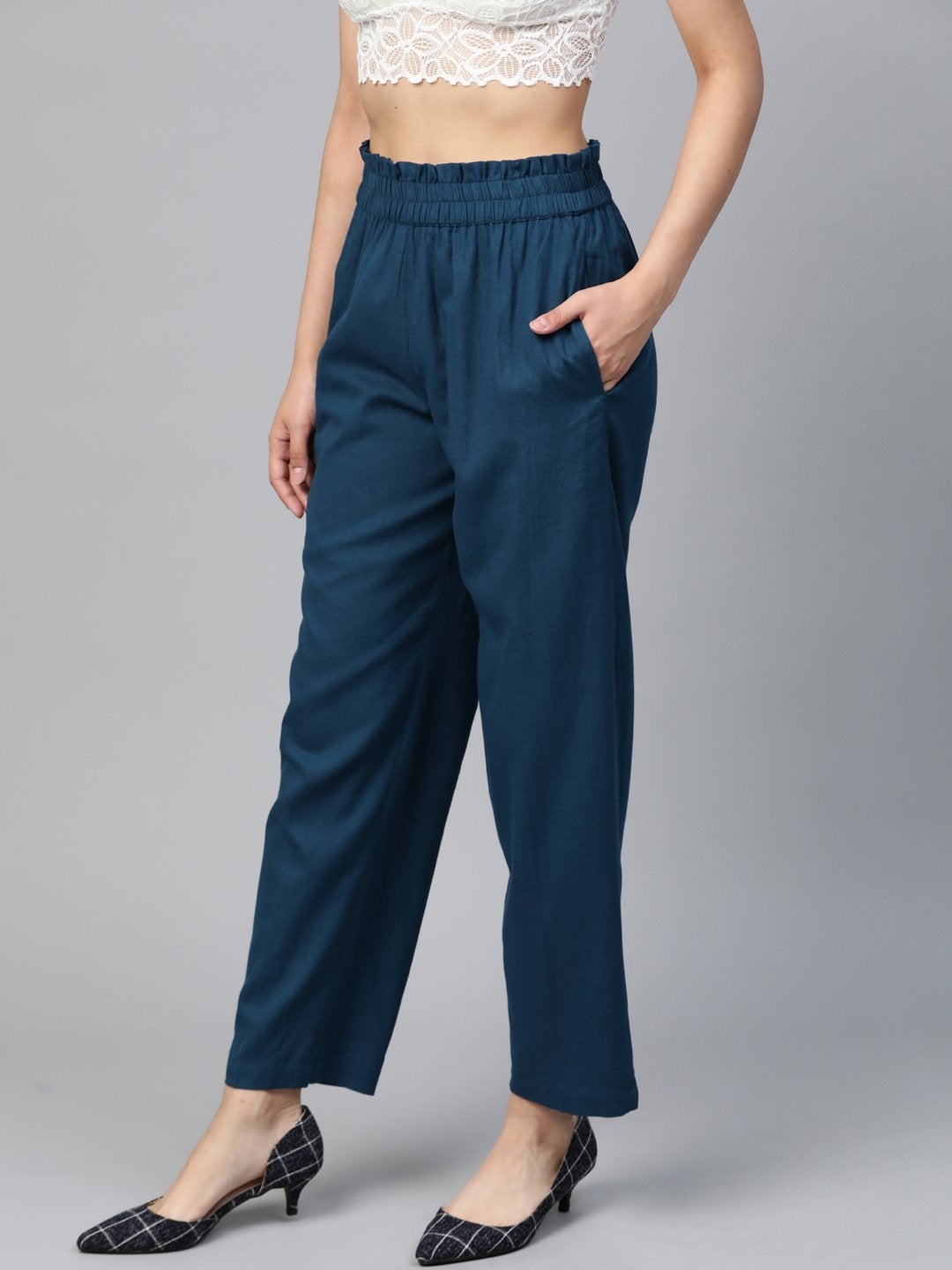 Women's Navy Paperbag Tapered Pants - SASSAFRAS