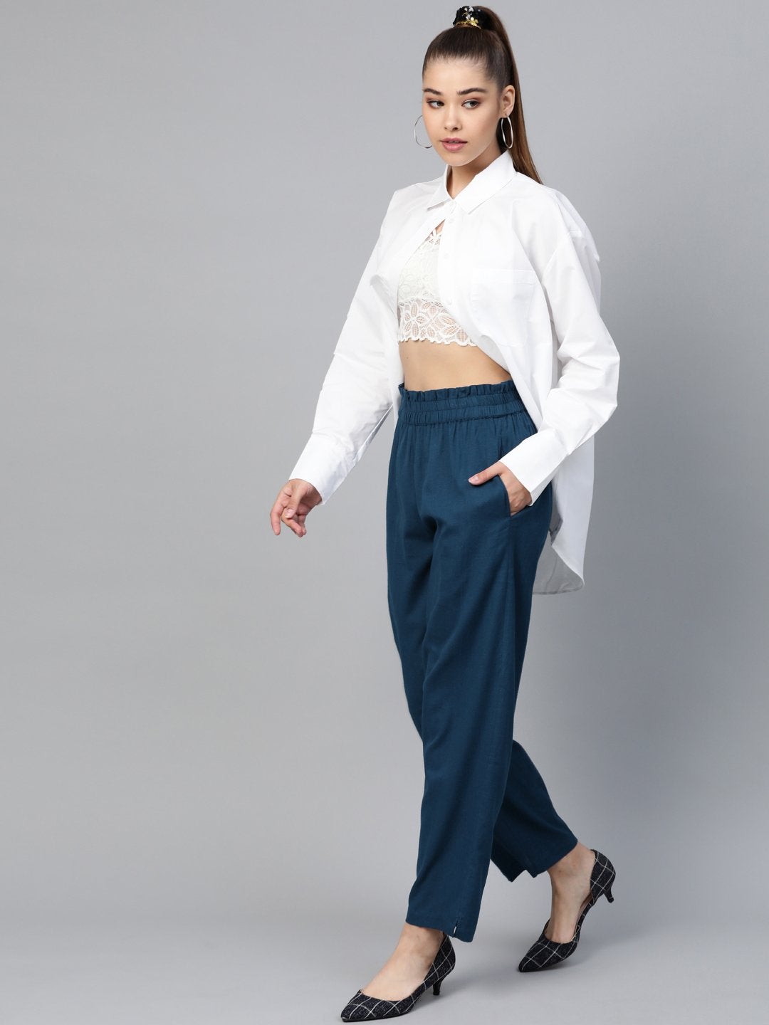 Women's Navy Paperbag Tapered Pants - SASSAFRAS