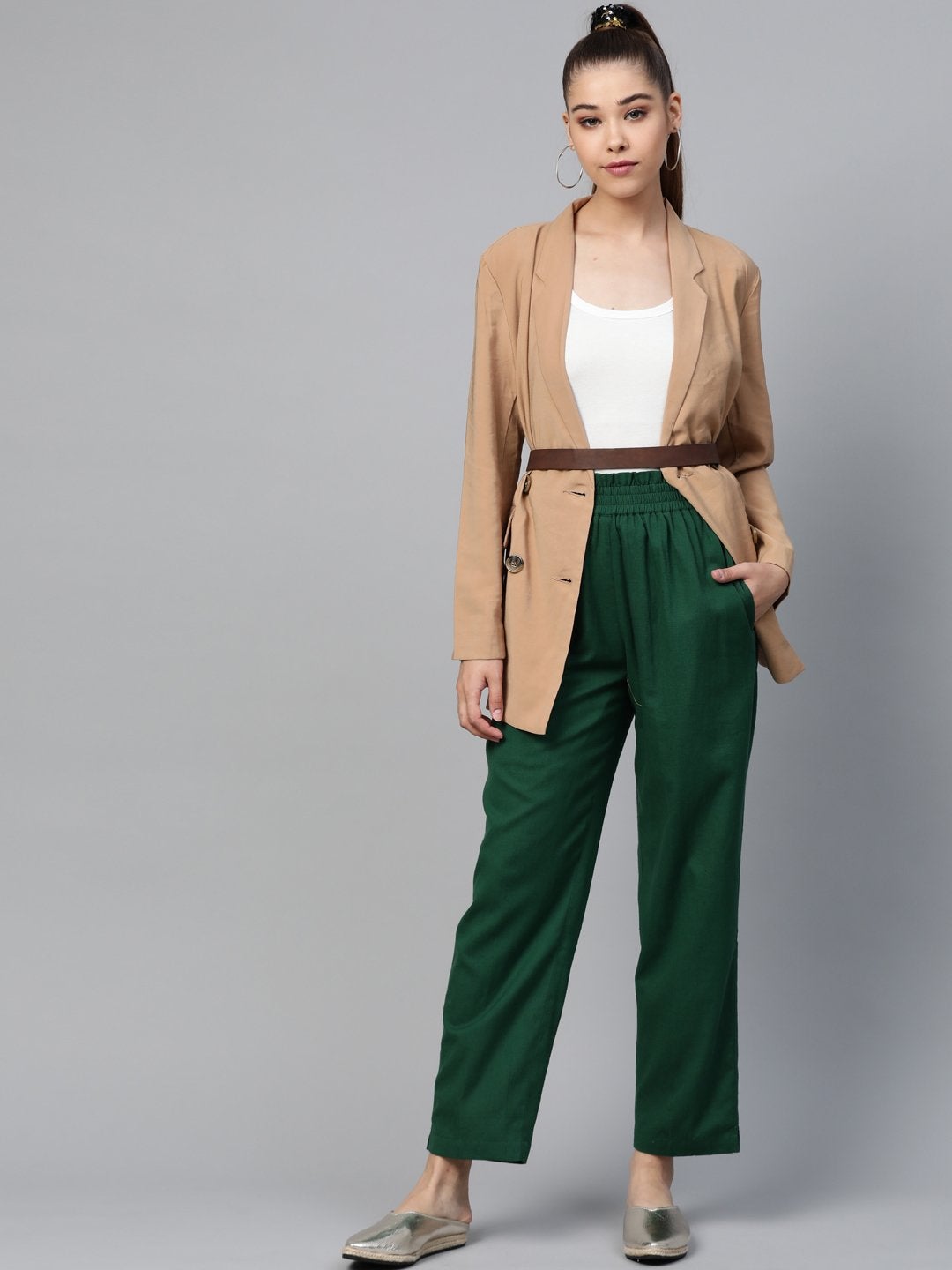 Women's Green Paperbag Tapered Pants - SASSAFRAS