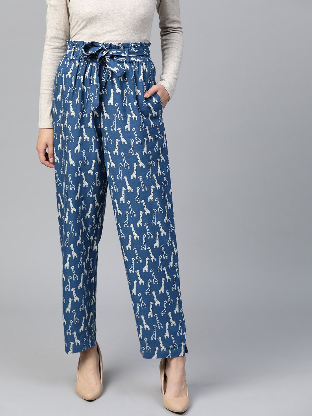 Women's Blue Giraffe Print Paper Bag Pants - SASSAFRAS