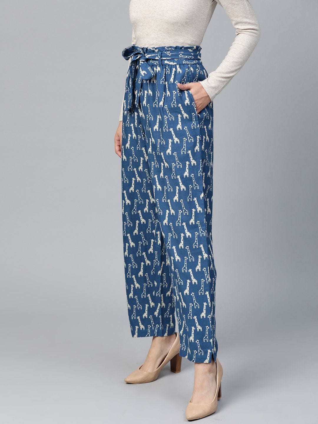 Women's Blue Giraffe Print Paper Bag Pants - SASSAFRAS