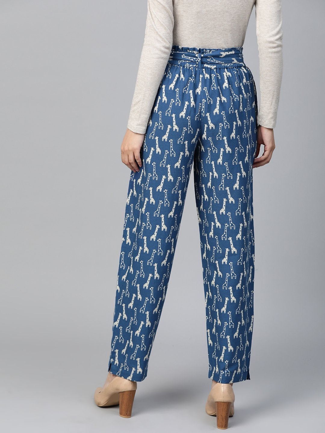 Women's Blue Giraffe Print Paper Bag Pants - SASSAFRAS