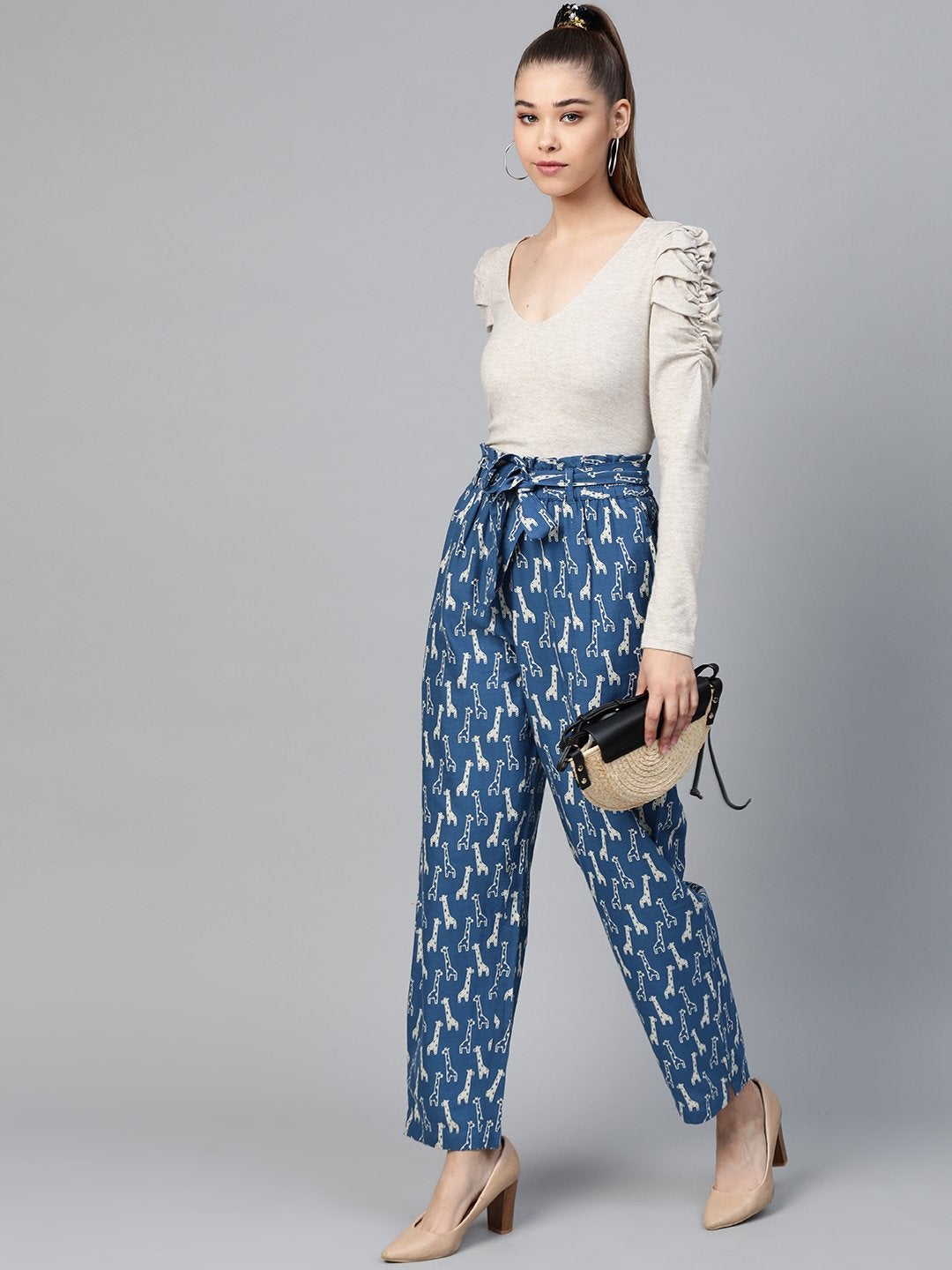 Women's Blue Giraffe Print Paper Bag Pants - SASSAFRAS