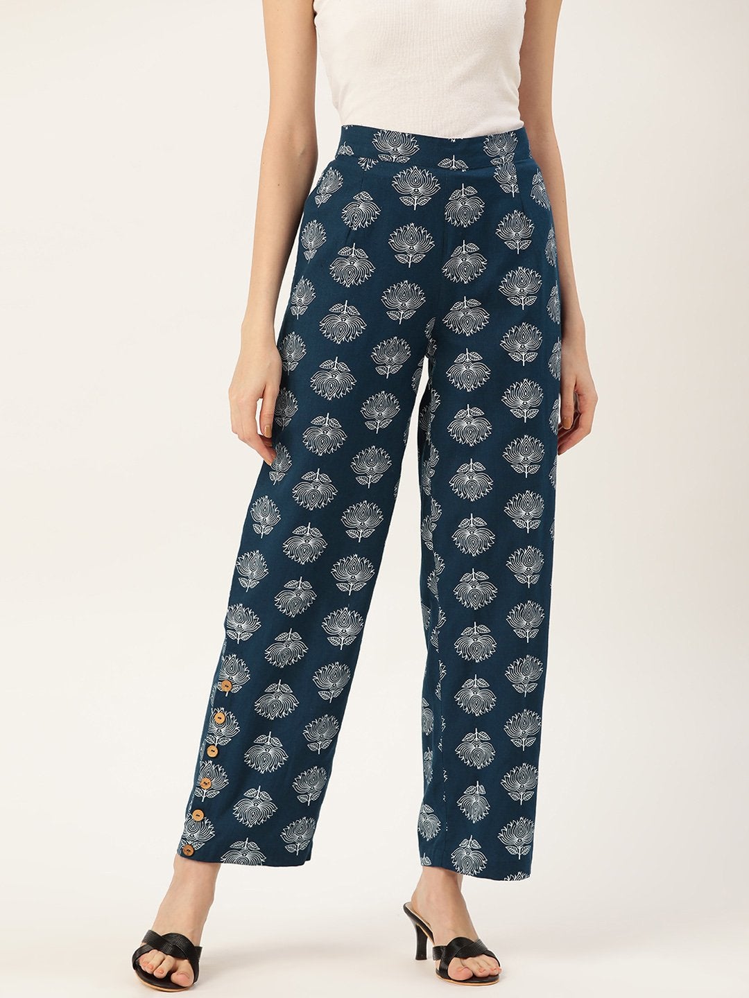 Women's Navy Lotus Print Side Button Pants - SASSAFRAS