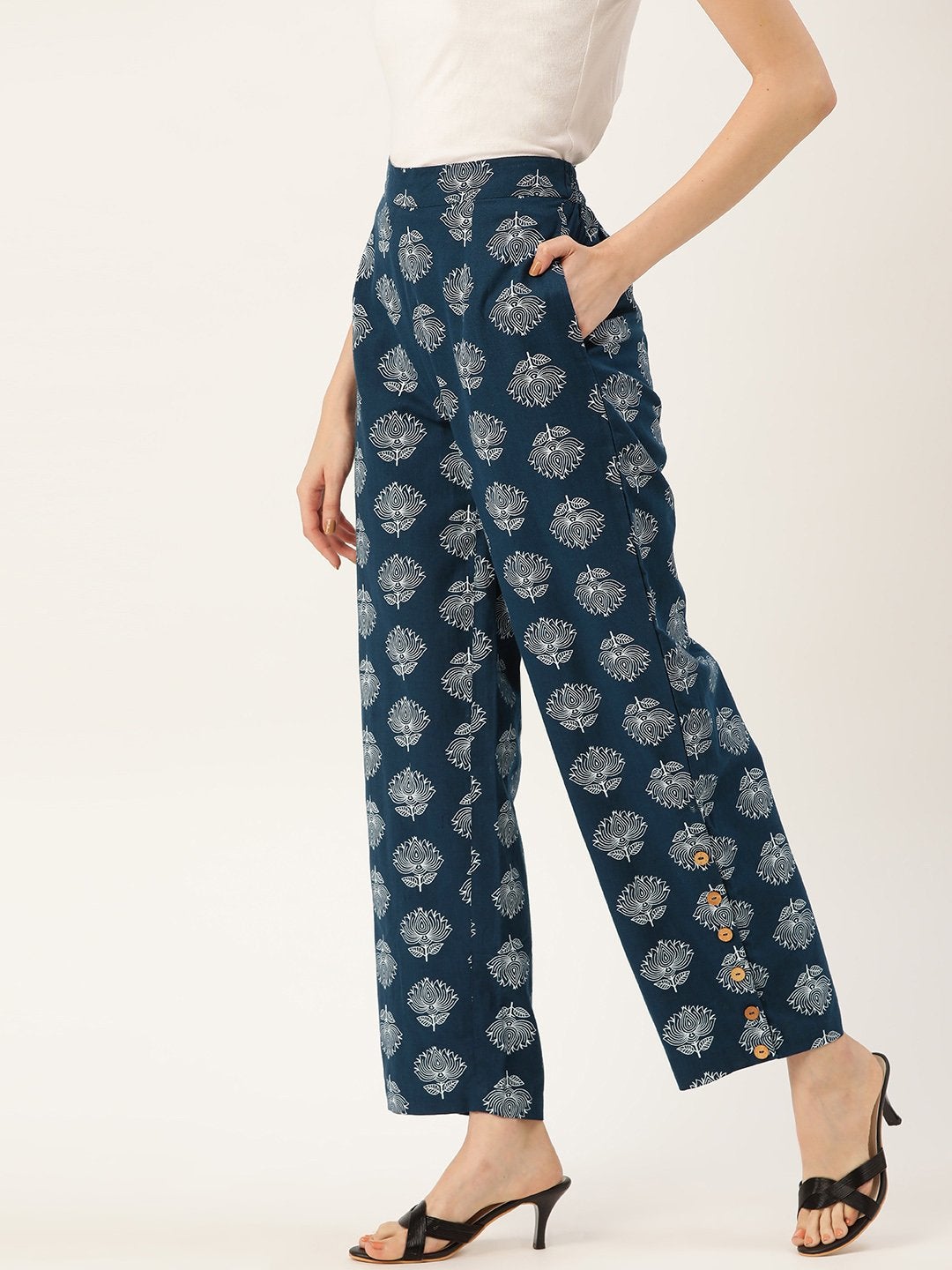 Women's Navy Lotus Print Side Button Pants - SASSAFRAS