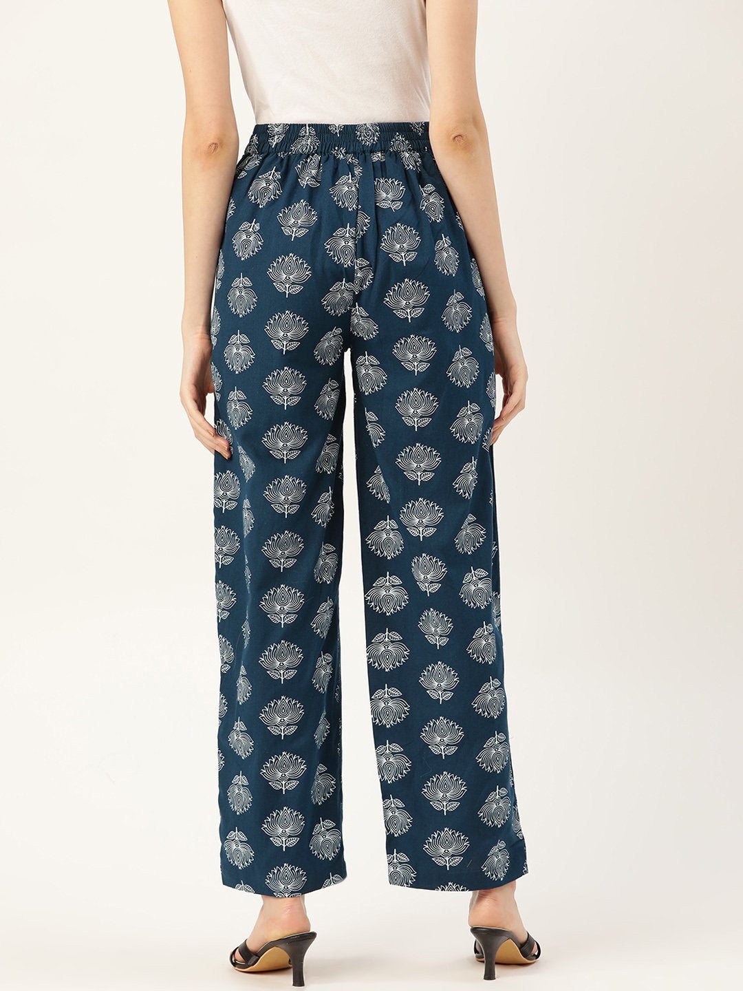 Women's Navy Lotus Print Side Button Pants - SASSAFRAS